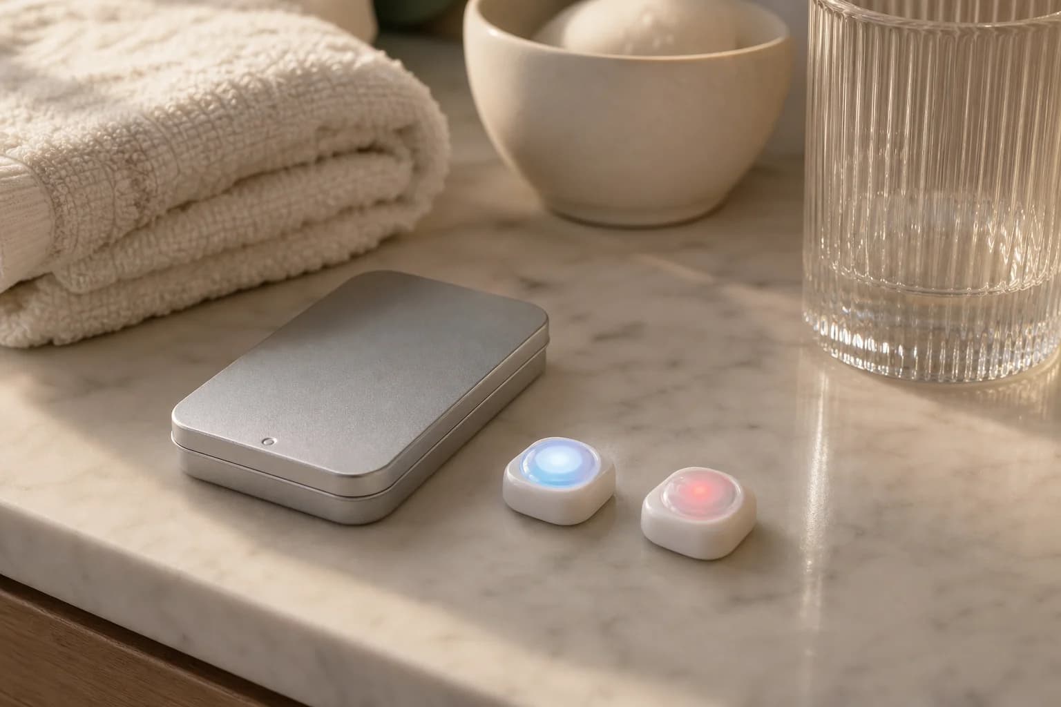 Den kompakte ClearPatch™-æske med to lysende LED-pods på en badeværelseshylde