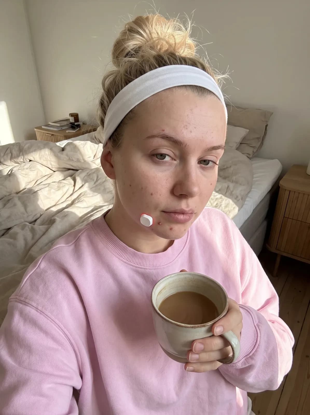 Freja med ClearPatch™ på hagen og en kop kaffe